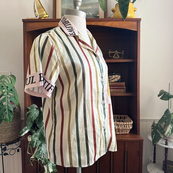 Striped Cartoon Bunny Shirt, Bugs Bunny Graphic, Retro Unisex Button Down - Picture 2 of 10